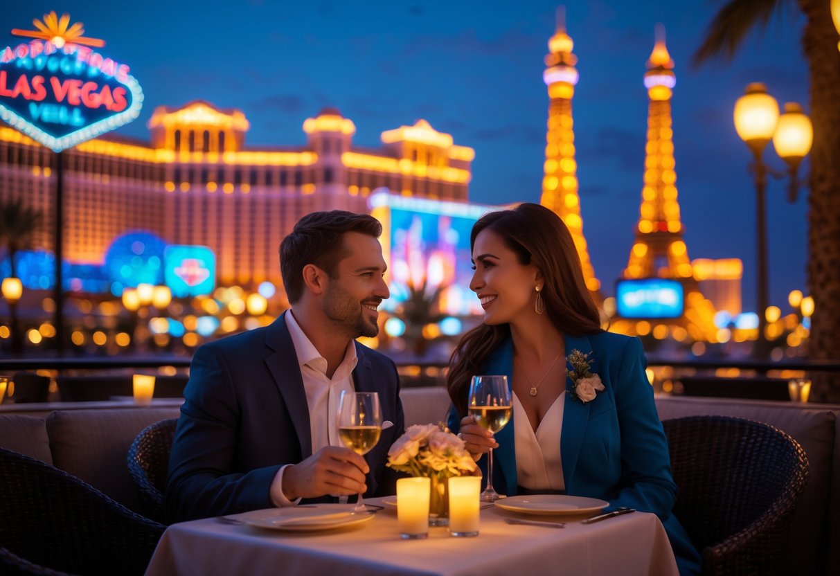 A couple enjoying a romantic dinner outdoors with the illuminated Las Vegas Strip and famous landmarks in the background at dusk.