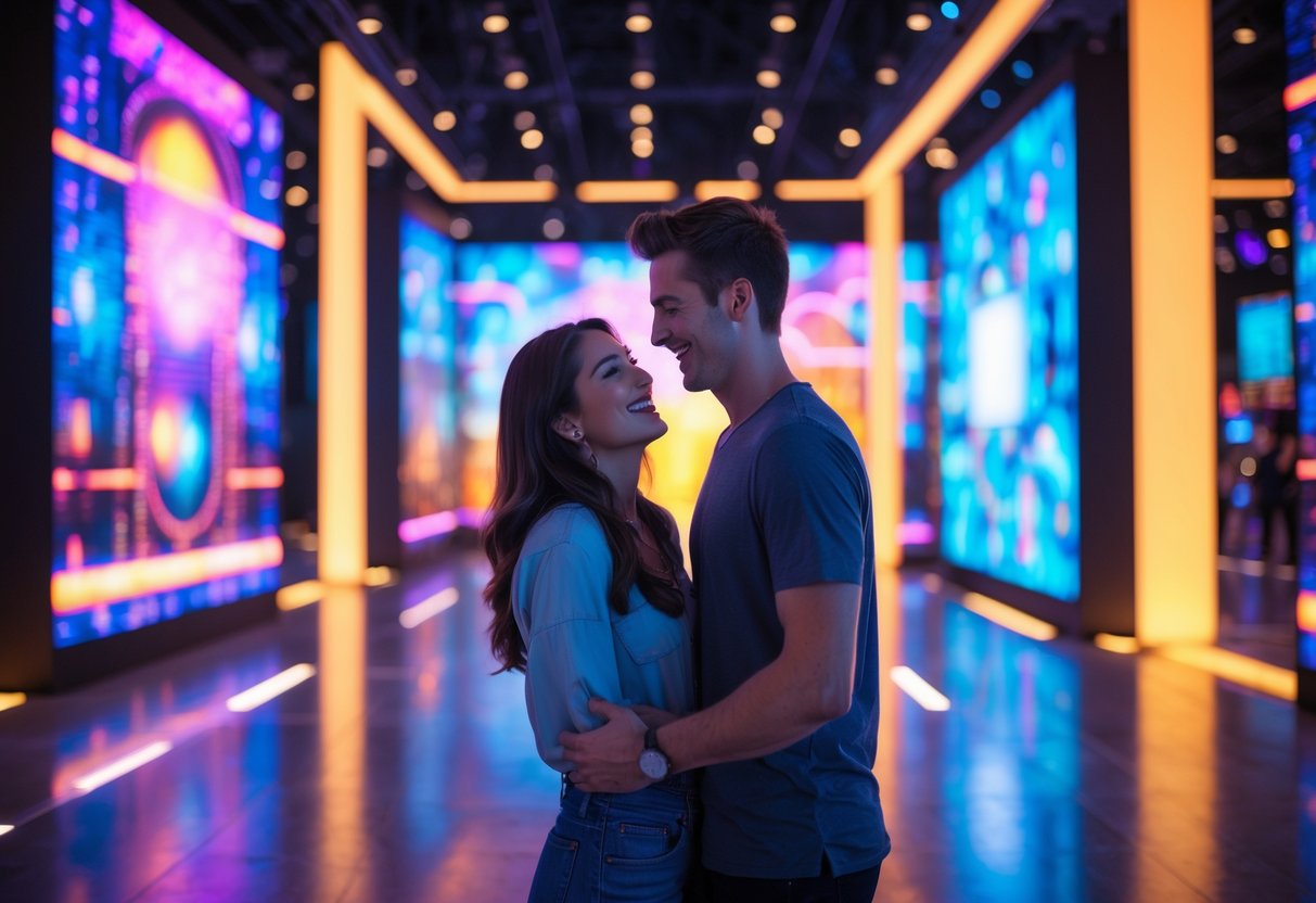 A young couple enjoying an immersive digital art show surrounded by colorful light projections and digital installations.