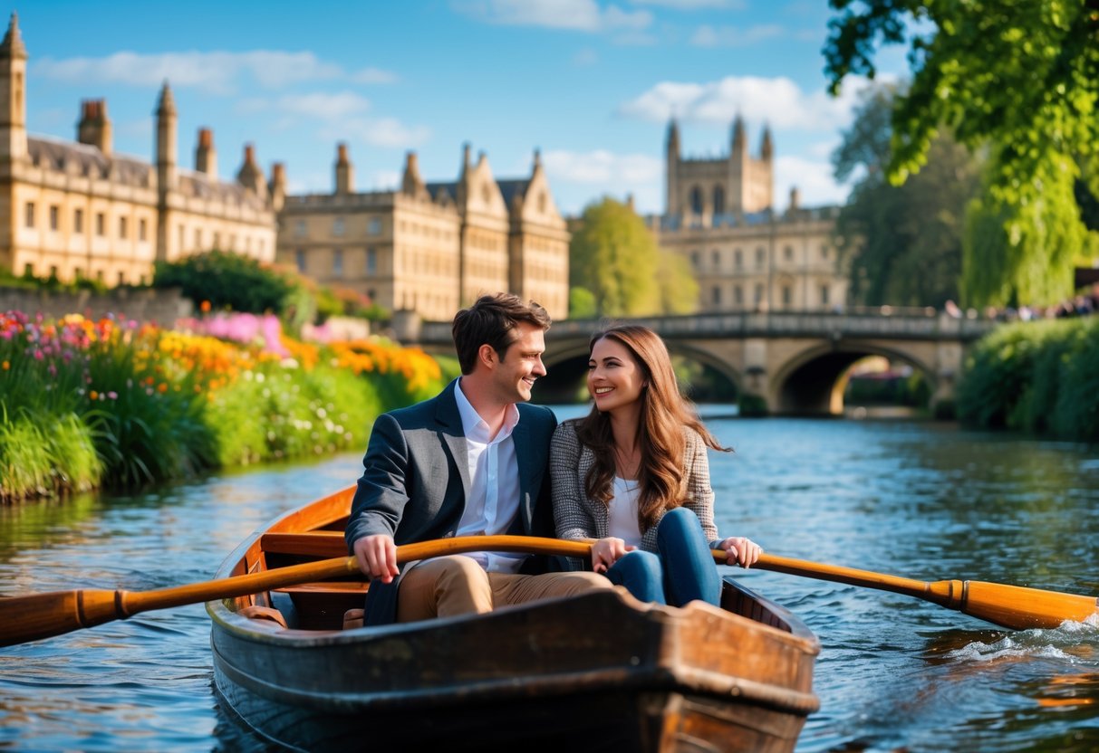 A young couple smiling and sitting together in a wooden punt boat on the River Cam with Cambridge college buildings and greenery in the background.