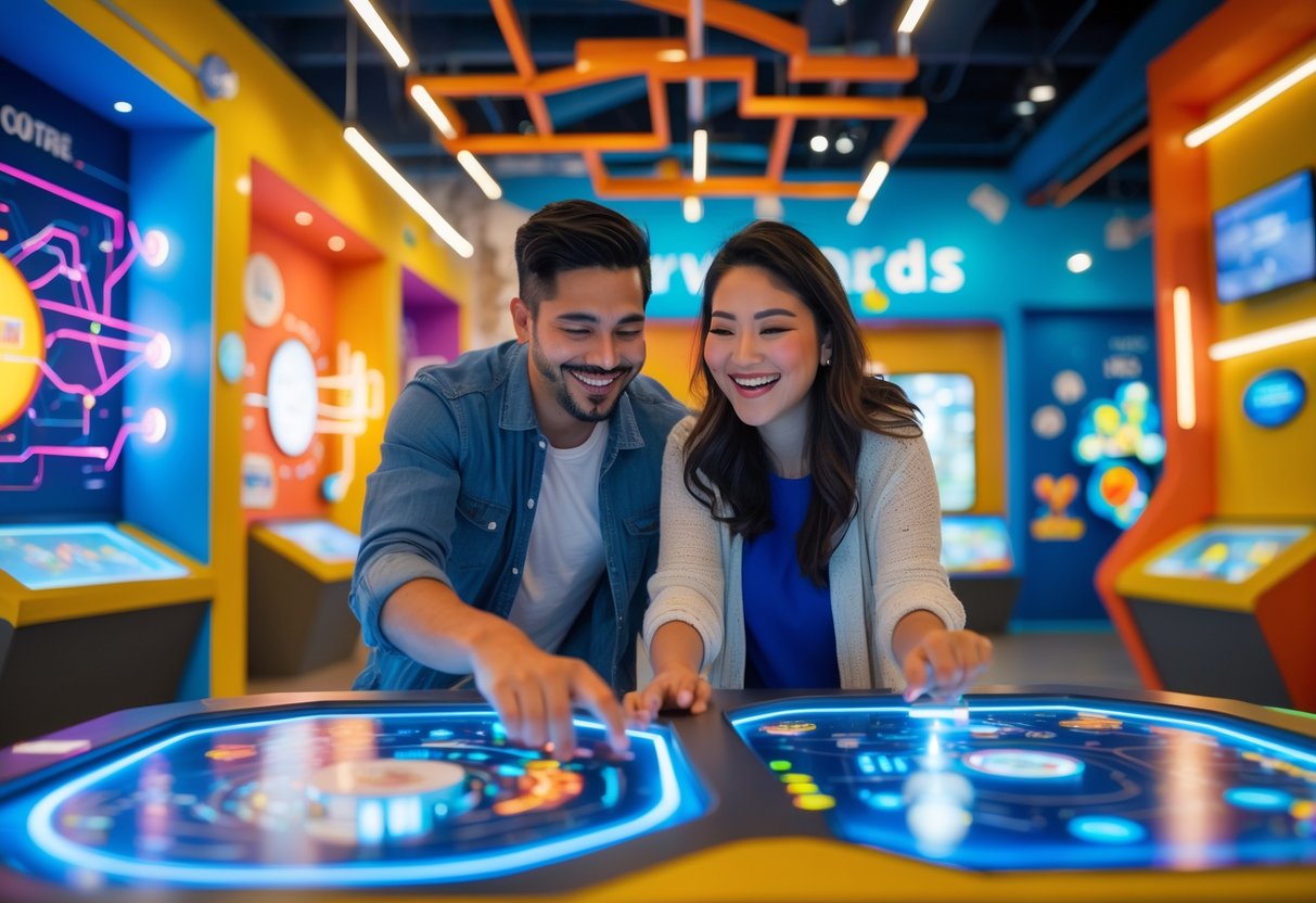 A couple enjoying interactive exhibits together inside a colorful science museum.
