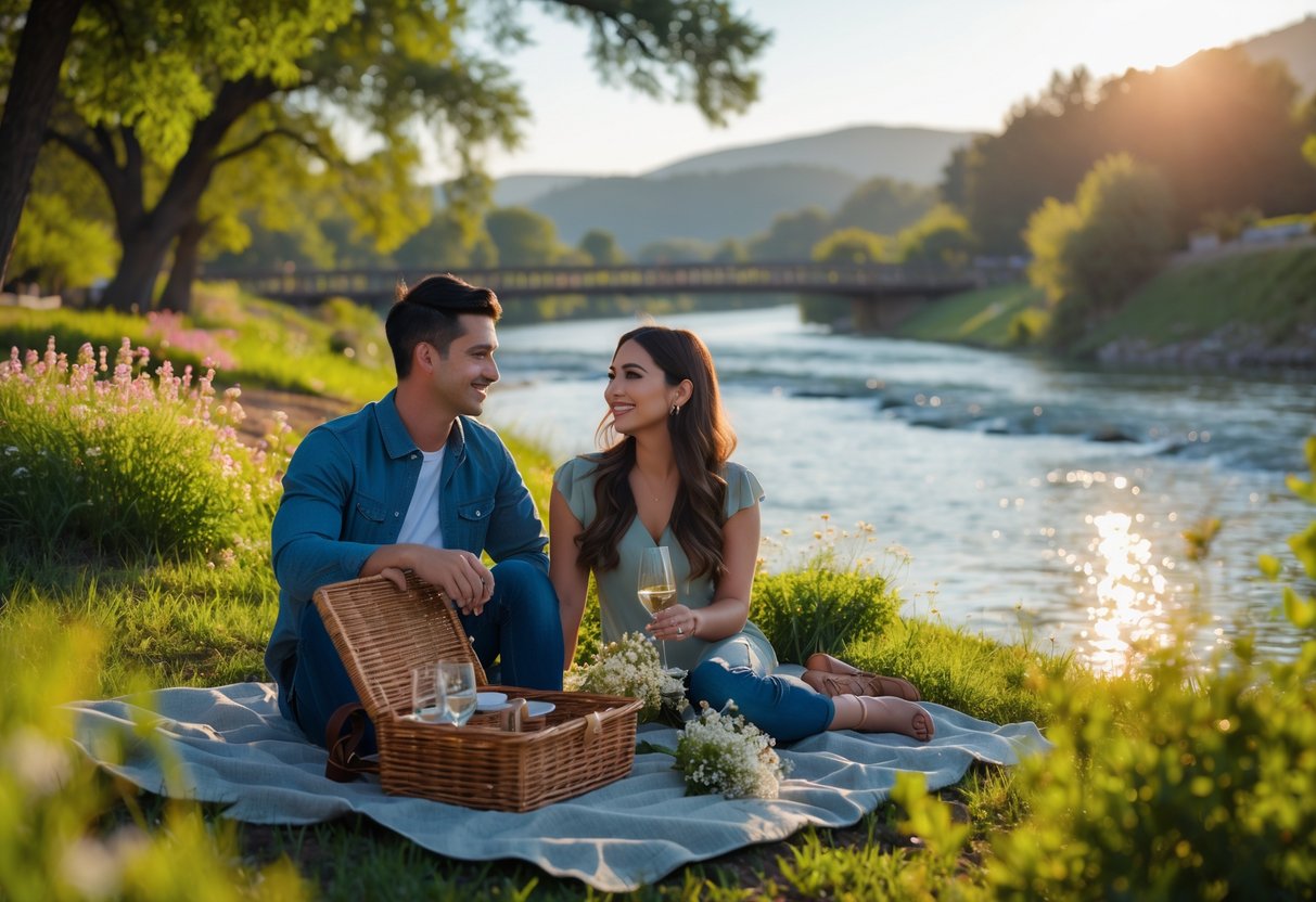 A young couple sitting on a picnic blanket by a river, enjoying a sunny day surrounded by greenery and flowers.