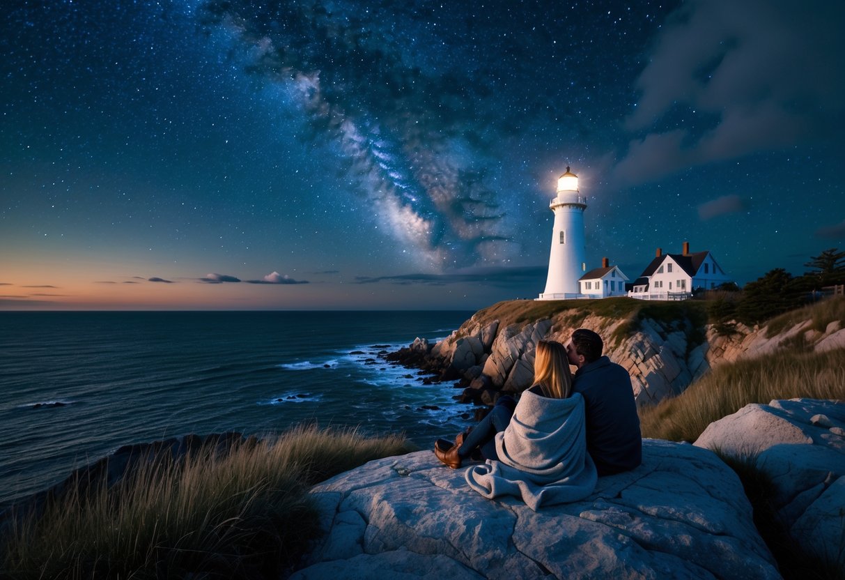 A couple sitting on rocks near Montauk Point Lighthouse, looking up at a star-filled night sky over the ocean.