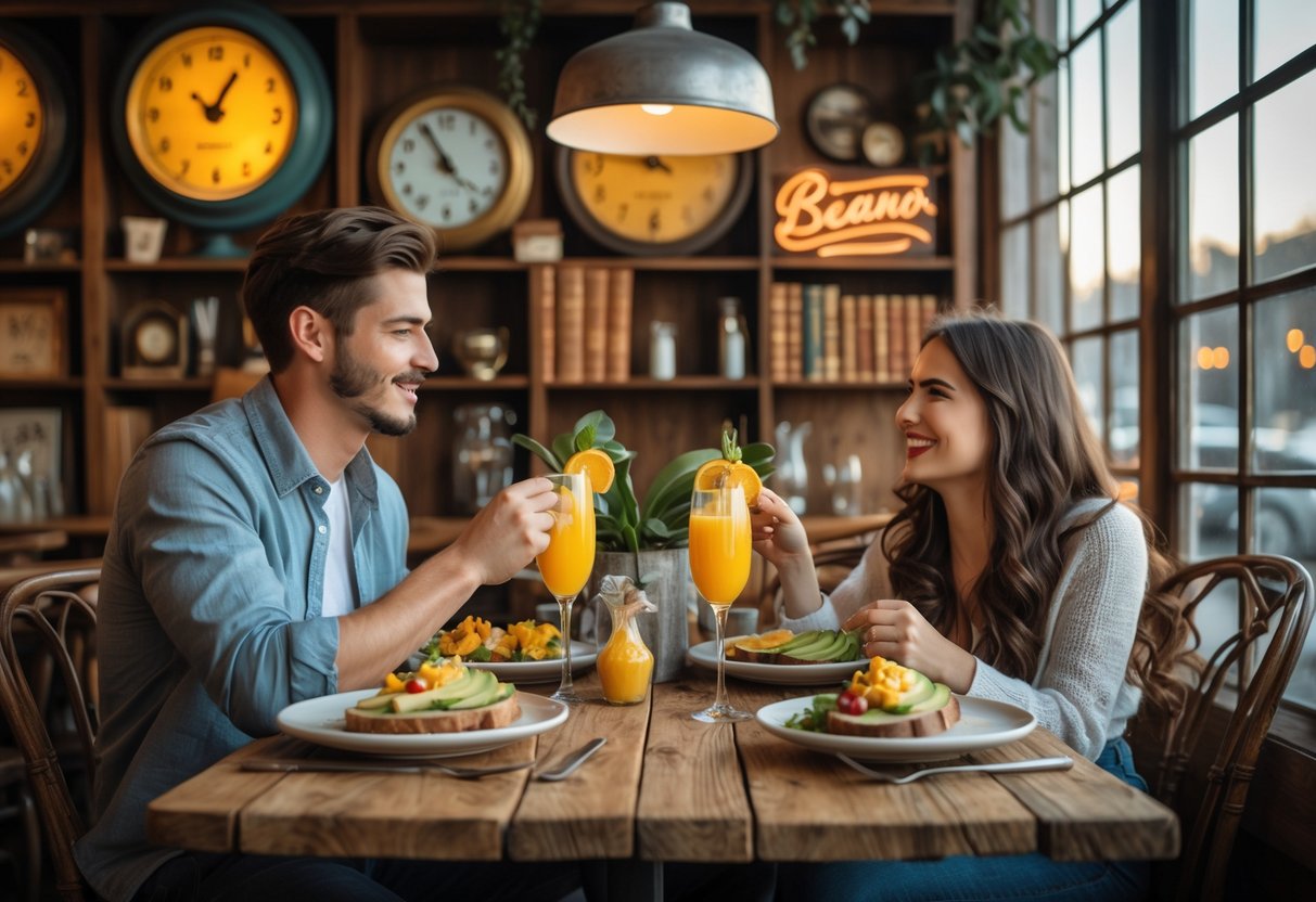 A young couple enjoying brunch at a cozy vintage-themed cafe with rustic decor and sunlight streaming through large windows.