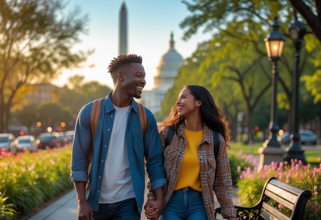 A young couple smiling and walking hand-in-hand outdoors near Washington DC landmarks on a sunny day.