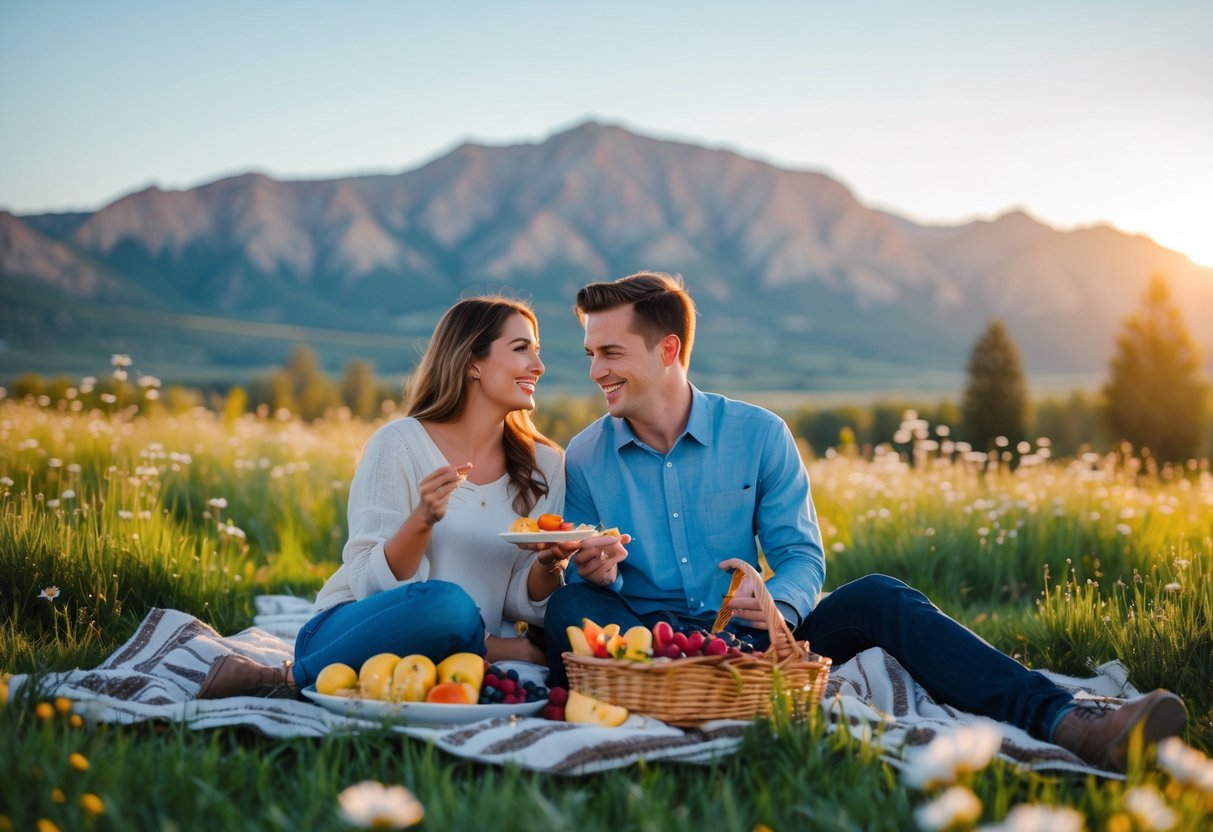 A young couple having a picnic outdoors near mountains at sunset in Utah County.