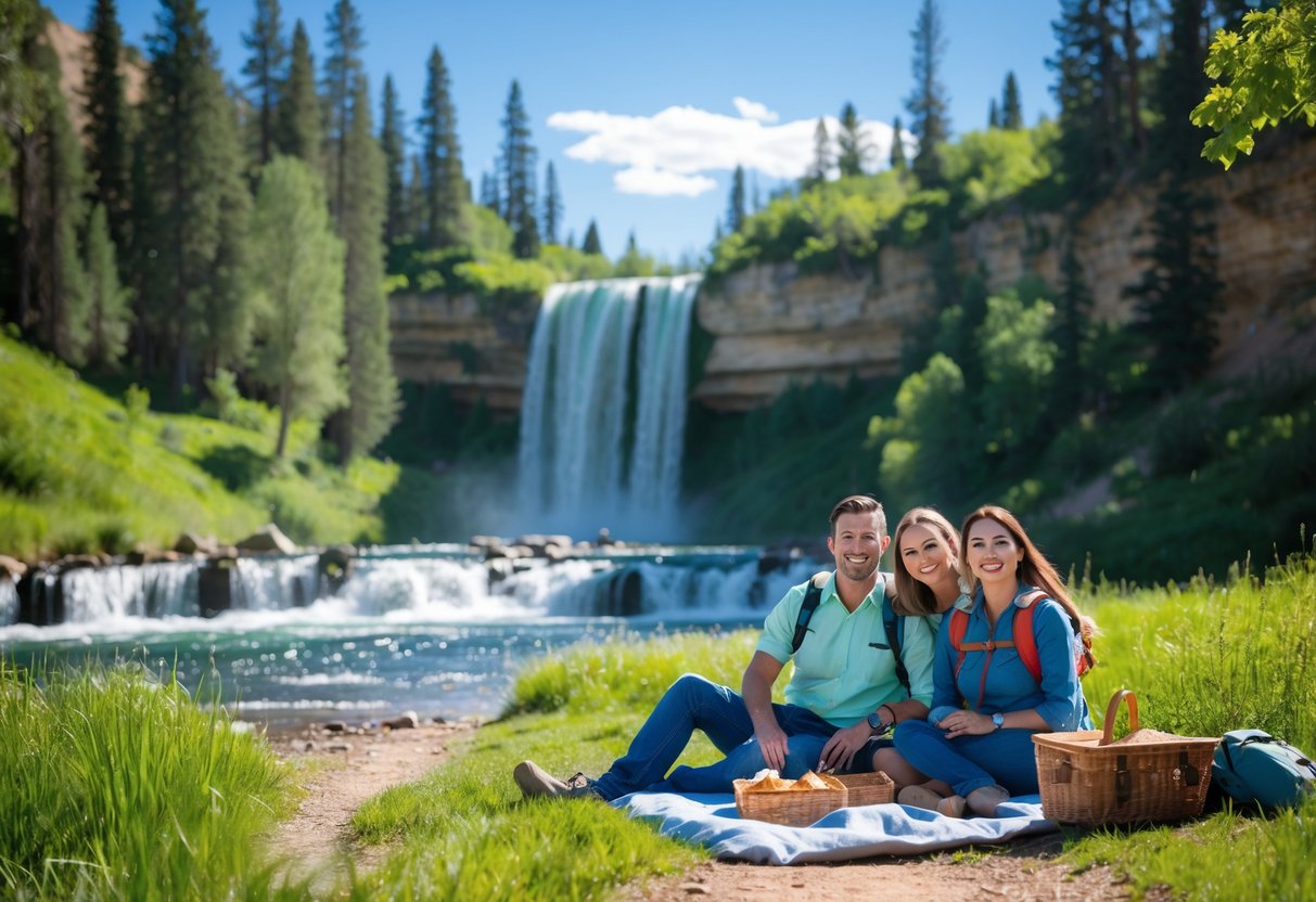 A couple having a picnic near Bridal Veil Falls surrounded by green forest and a clear blue sky.