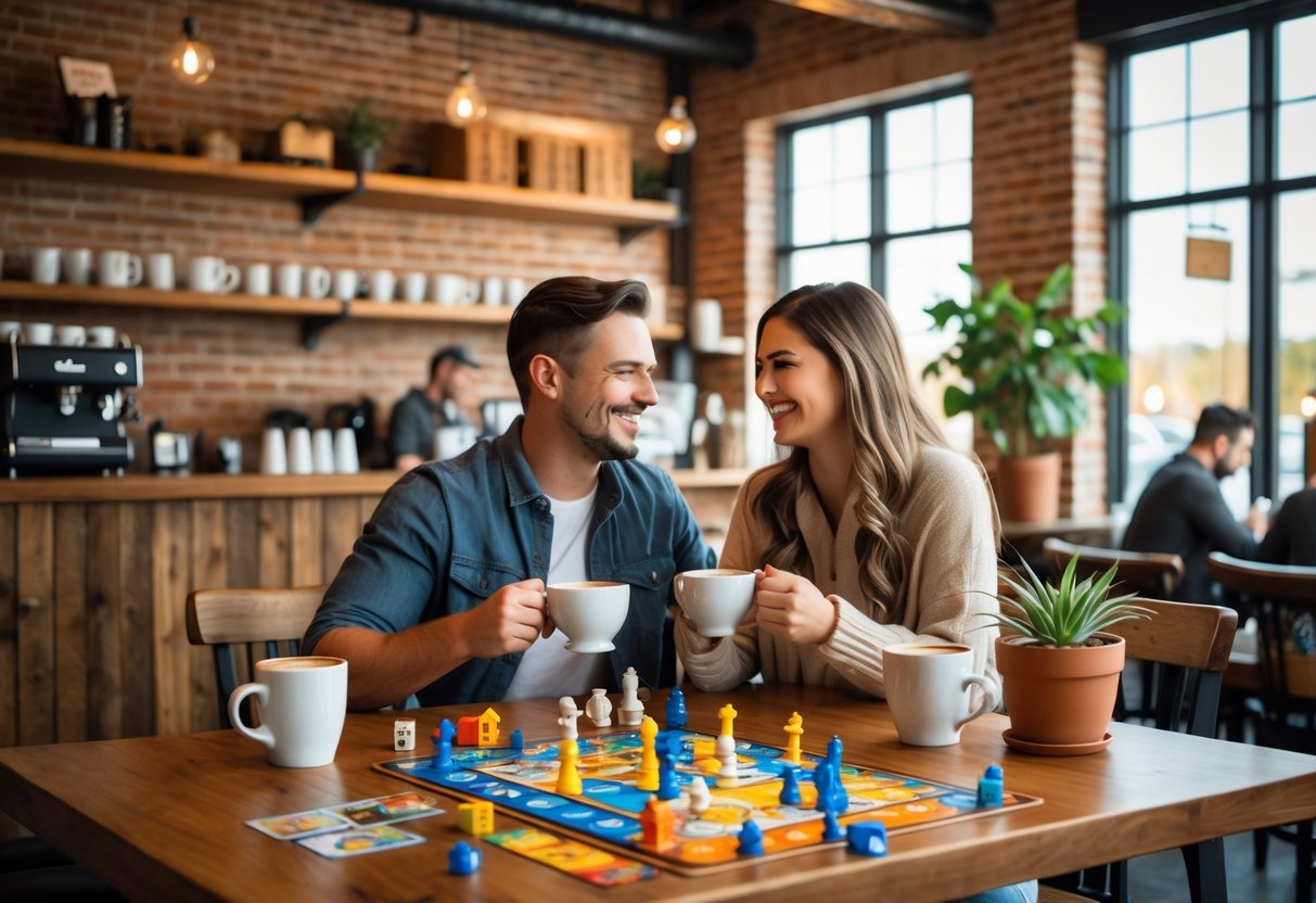 Two people enjoying coffee and playing board games together at a cozy coffee shop table.