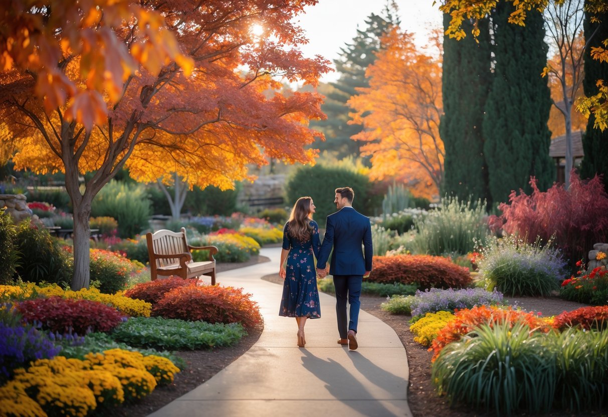 A couple walking hand-in-hand along a garden path surrounded by colorful autumn trees and flowers.