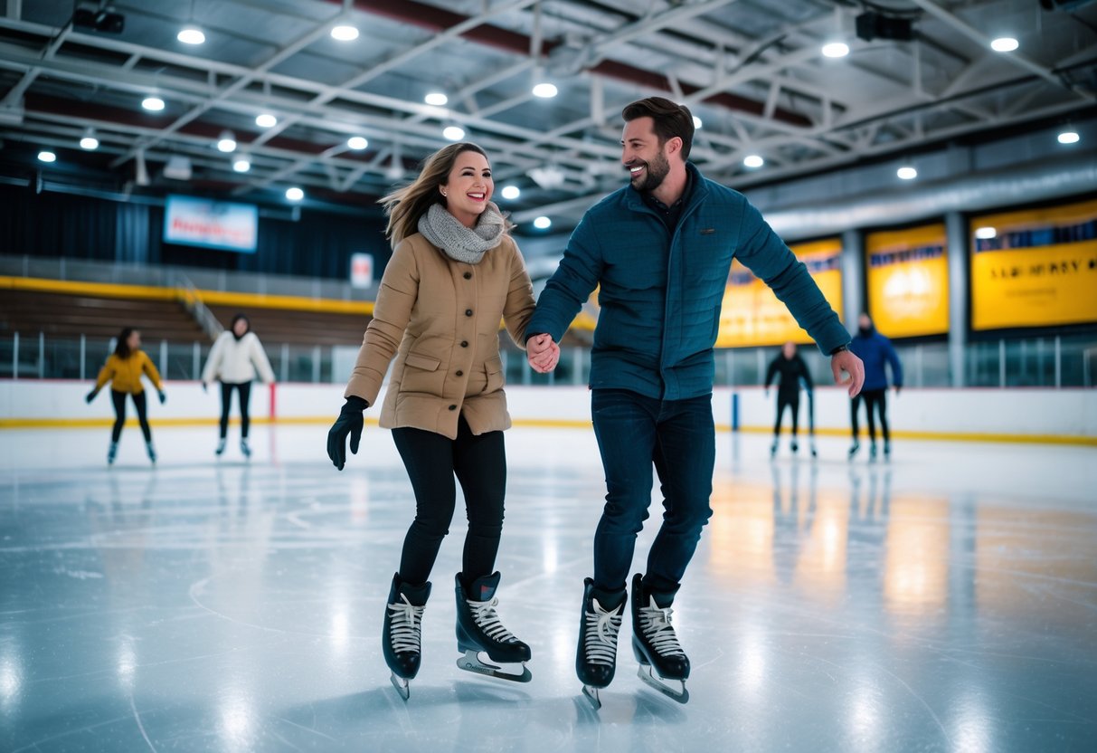 A couple ice skating hand in hand inside a brightly lit indoor ice rink with other skaters in the background.