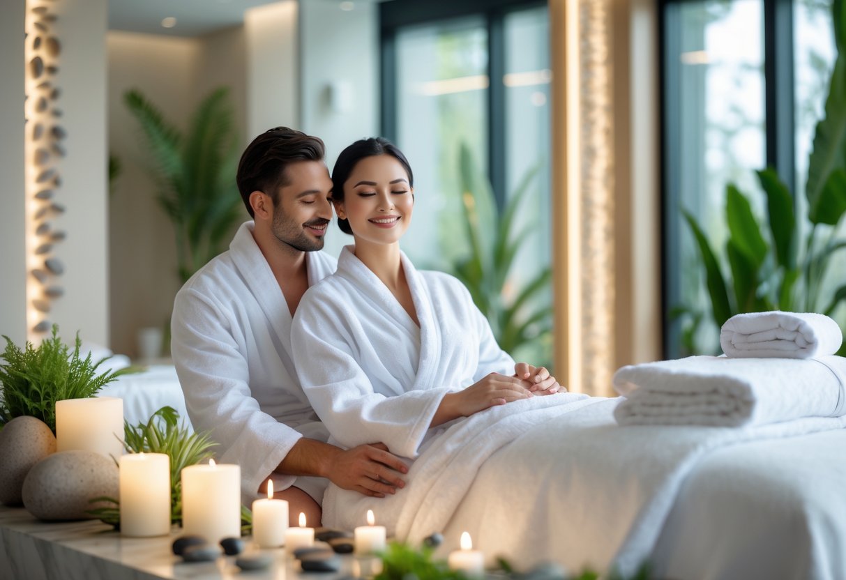A couple in white spa robes receiving relaxing treatments in a peaceful spa room with natural light and calming decor.