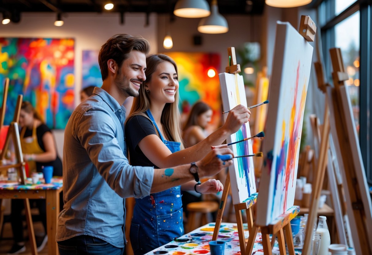 A young couple painting on canvases together in a bright, modern art studio filled with art supplies and colorful decorations.