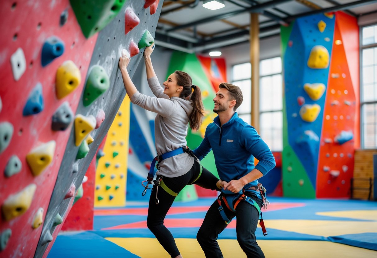 A young couple climbing colorful indoor climbing walls at Monkey Town gym, supporting each other during their climb.