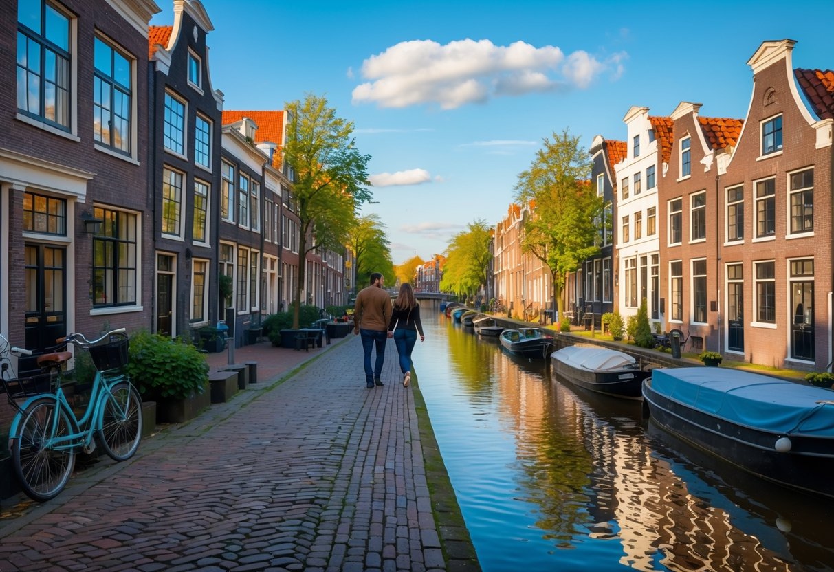 A couple walking hand-in-hand along a cobblestone street by a canal in the historic Delfshaven district with traditional Dutch buildings and boats nearby.
