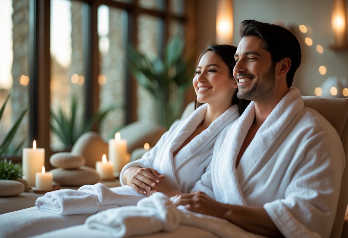 A happy couple wrapped in towels enjoying a relaxing spa day together in a peaceful spa setting.