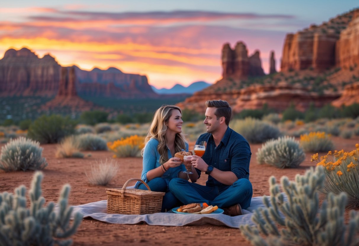 A couple sitting on a picnic blanket in a Utah desert landscape with red rock formations at sunset.