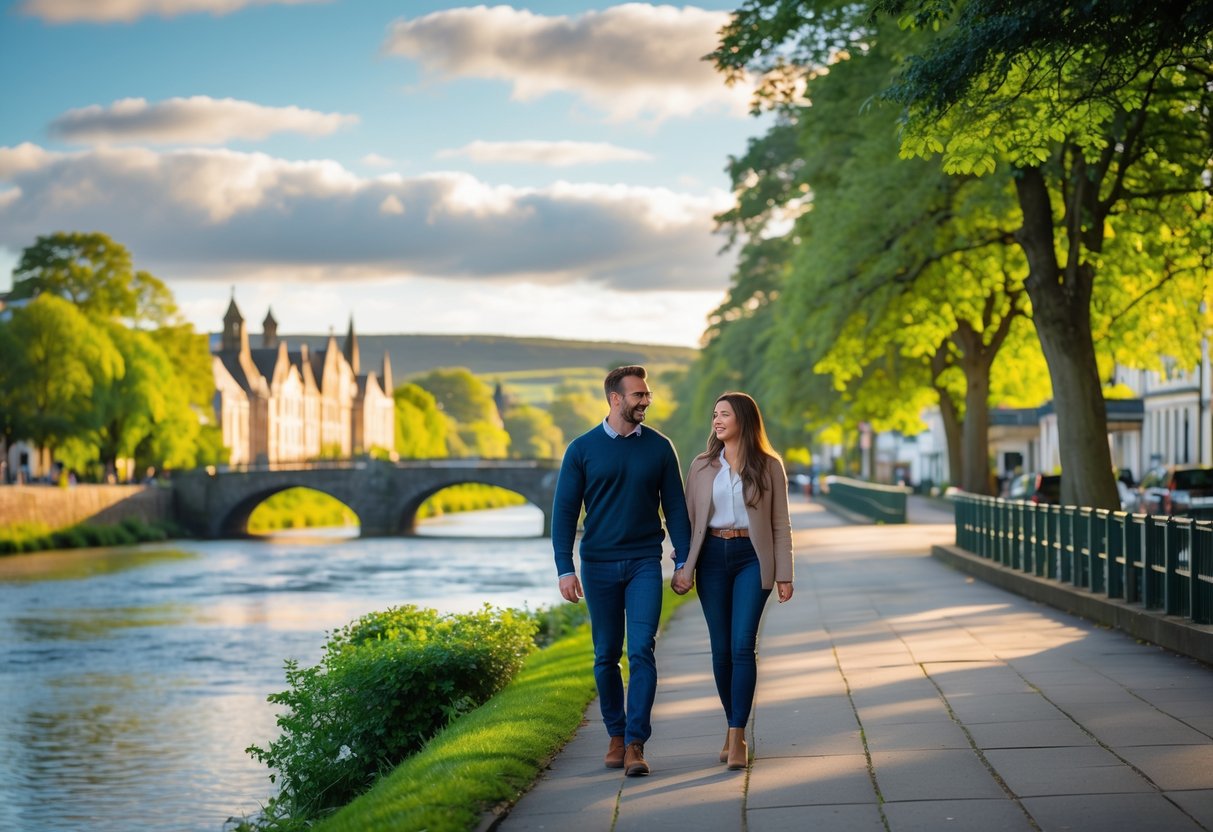 A couple walking hand-in-hand along a river with trees and buildings in the background.