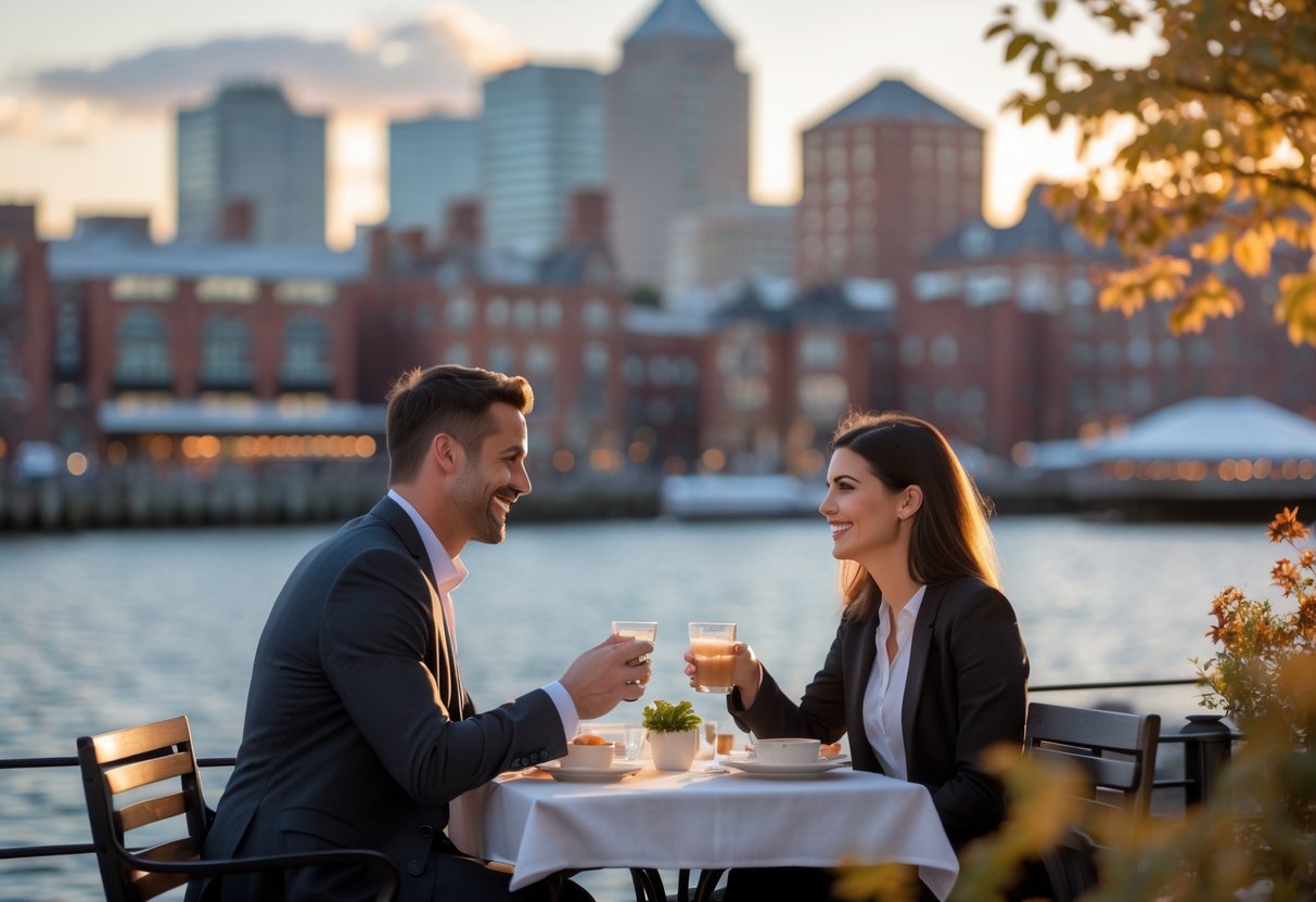 A couple enjoying a romantic outdoor date near the Boston waterfront with city buildings in the background during sunset.