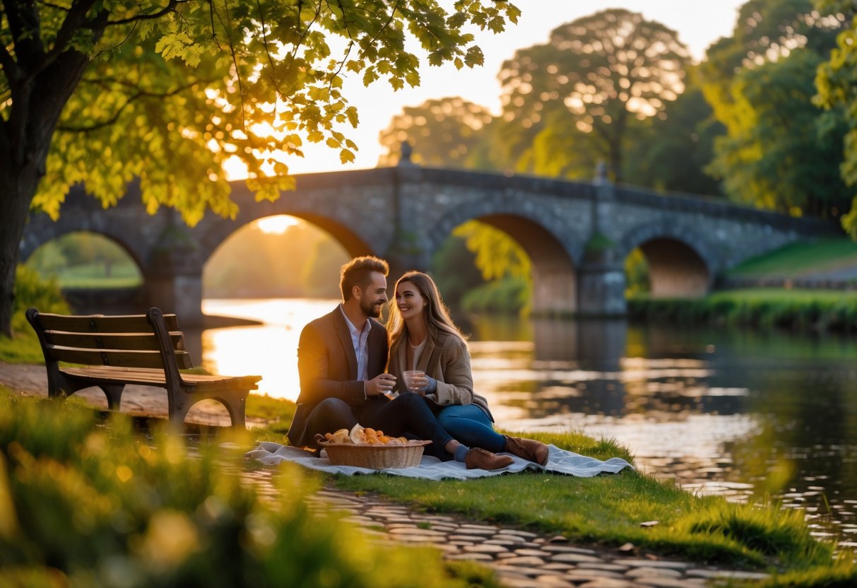 A couple having a romantic picnic by a river in a green park with trees and a stone bridge in the background at sunset.