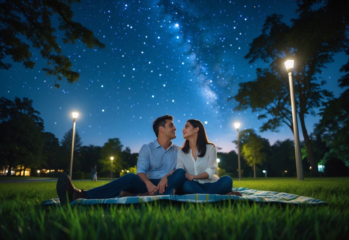A couple sitting on a picnic blanket in a quiet park at night, looking up at the stars together.