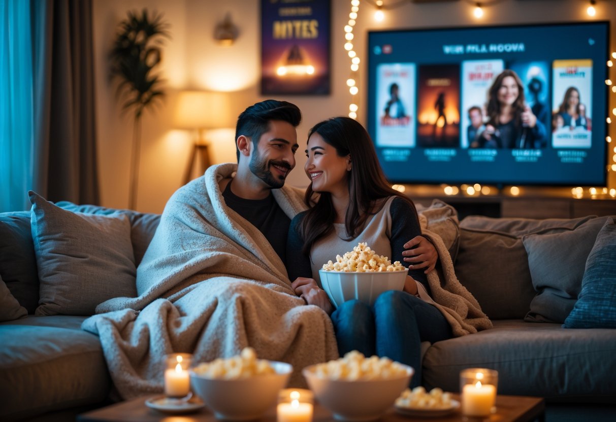 A couple sitting on a sofa together, enjoying a movie marathon night with snacks in a warmly lit living room.