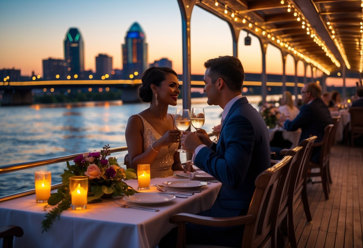 A couple enjoying a romantic dinner on a riverboat cruise on the Missouri River with the Kansas City skyline in the background at sunset.