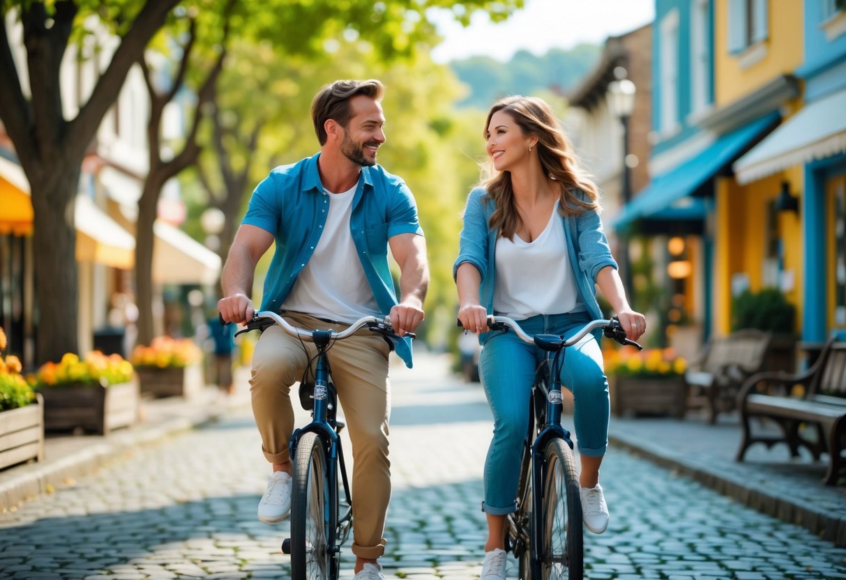 A couple riding bicycles together on a sunny street in a small town.