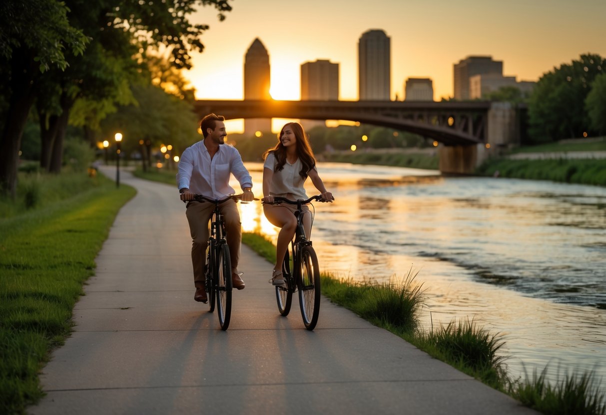A couple riding bicycles together along a river trail at sunset with trees and city skyline in the background.