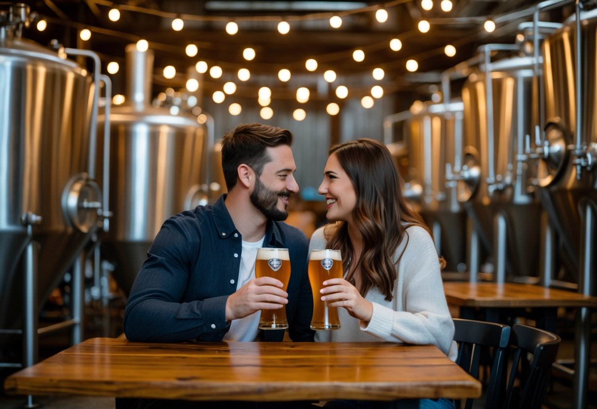 A couple sharing craft beers and smiling at each other in a warmly lit brewery setting with wooden tables and brewing equipment in the background.