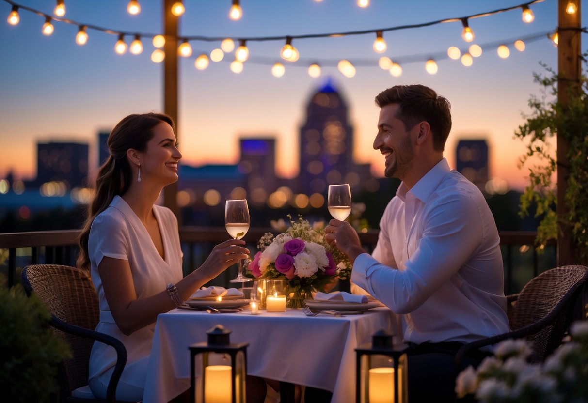 A couple enjoying a romantic outdoor dinner at dusk with city skyline in the background.