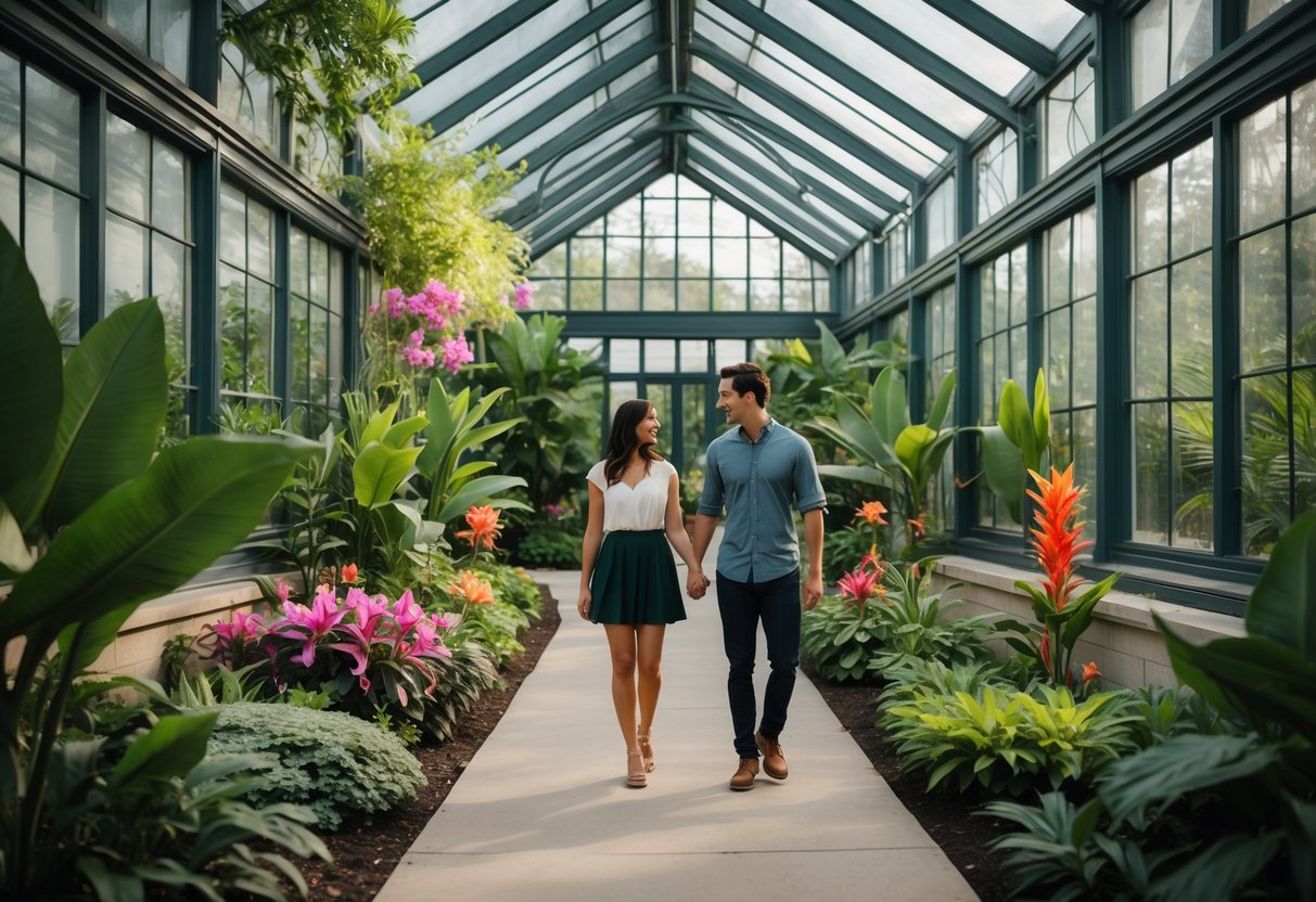 A young couple walking hand-in-hand along a garden path inside a glass conservatory filled with tropical plants and flowers.
