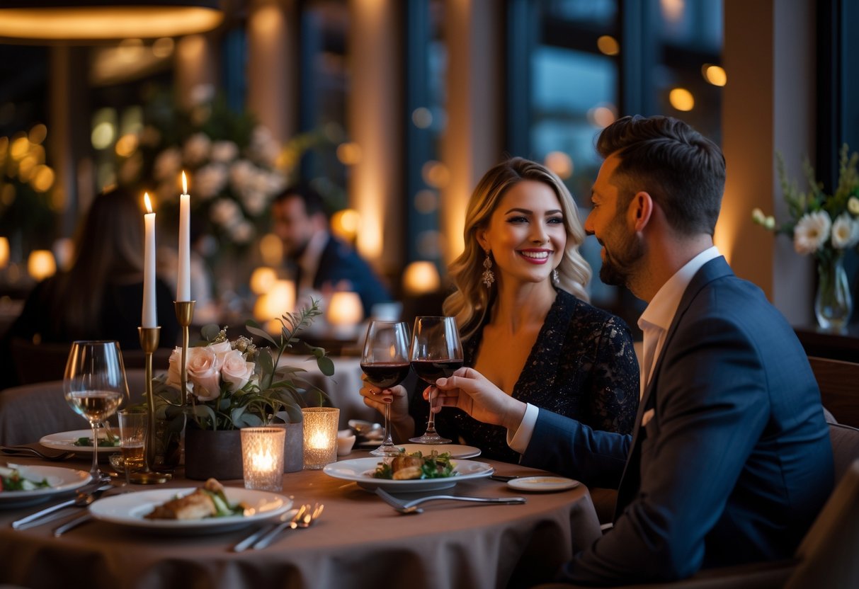 A couple enjoying a romantic dinner at an elegant restaurant with a beautifully set table and warm lighting.
