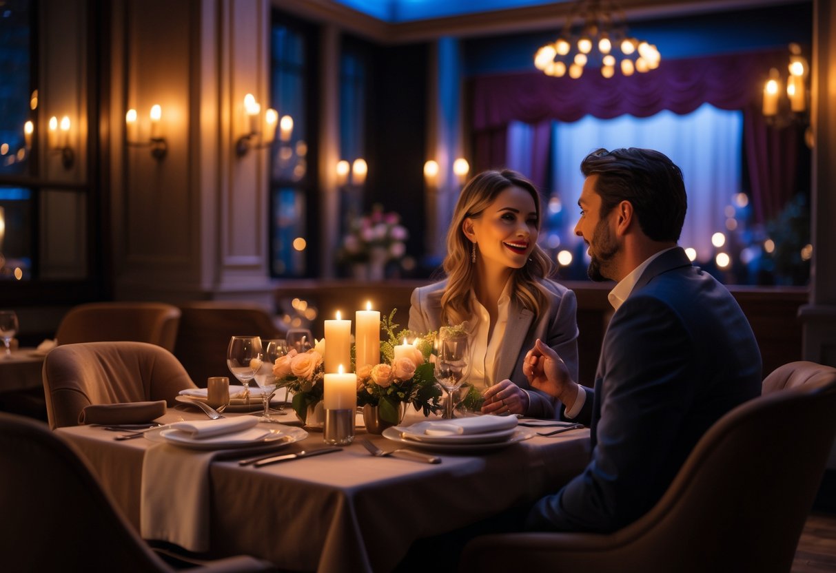 A couple enjoying a romantic dinner at a cozy table inside a theater with a small stage in the background.