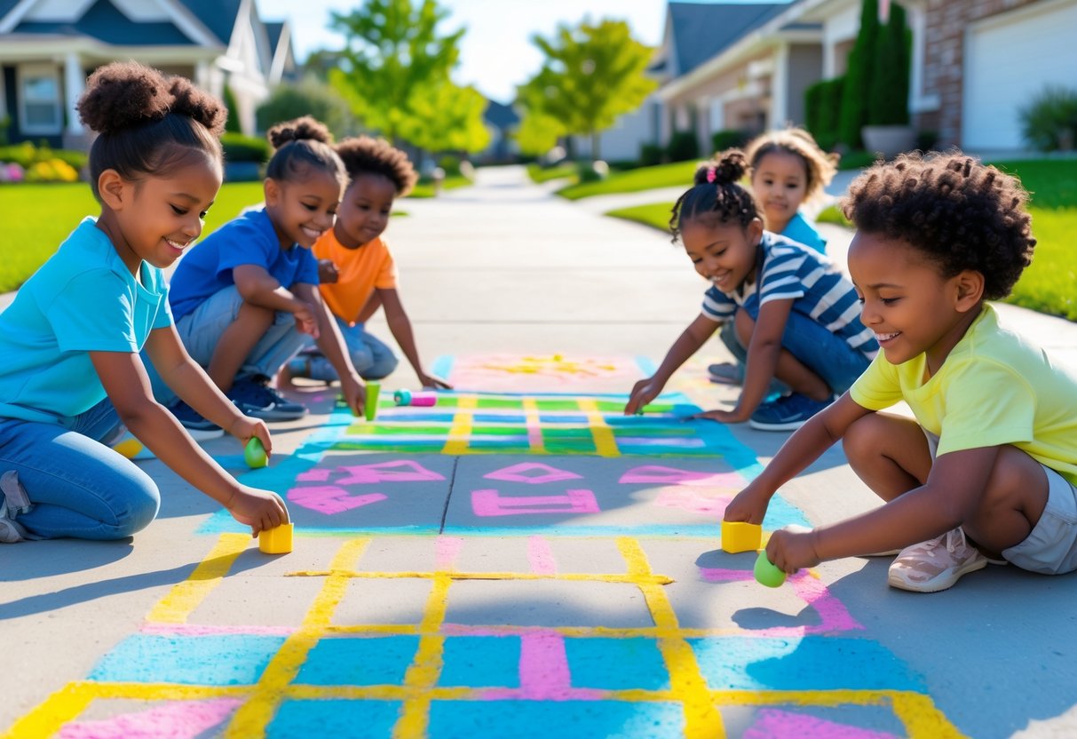 Children drawing colorful chalk art on a sidewalk outdoors during a sunny day.