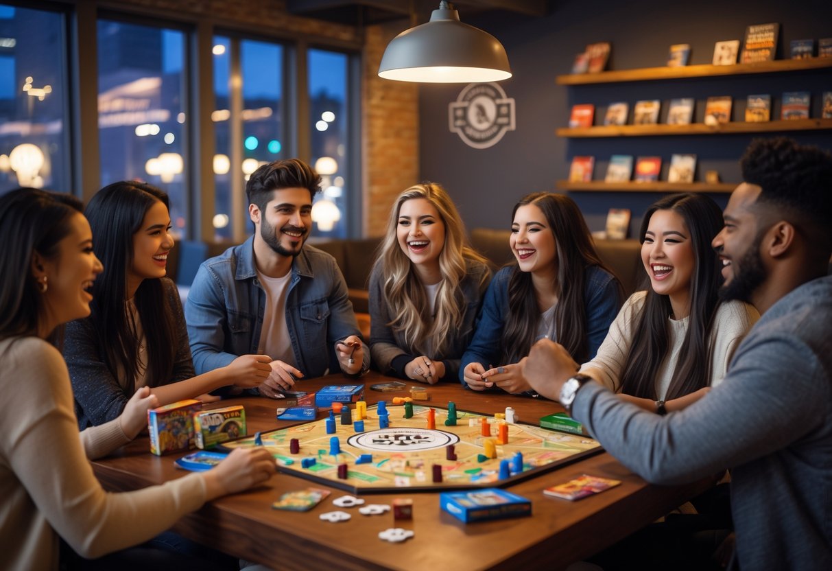 A group of young adults playing board games together around a table in a cozy game room.