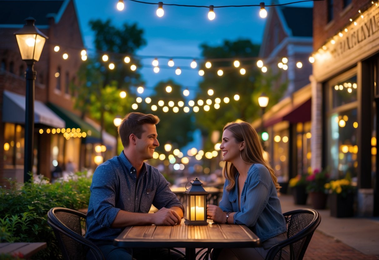 A young couple enjoying a cozy outdoor dinner at a café in a small-town street at twilight.