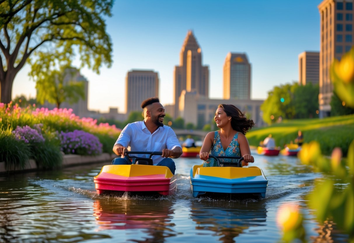 A couple enjoying a fun date on colorful pedal boats near the Kansas City skyline by the river during sunset.