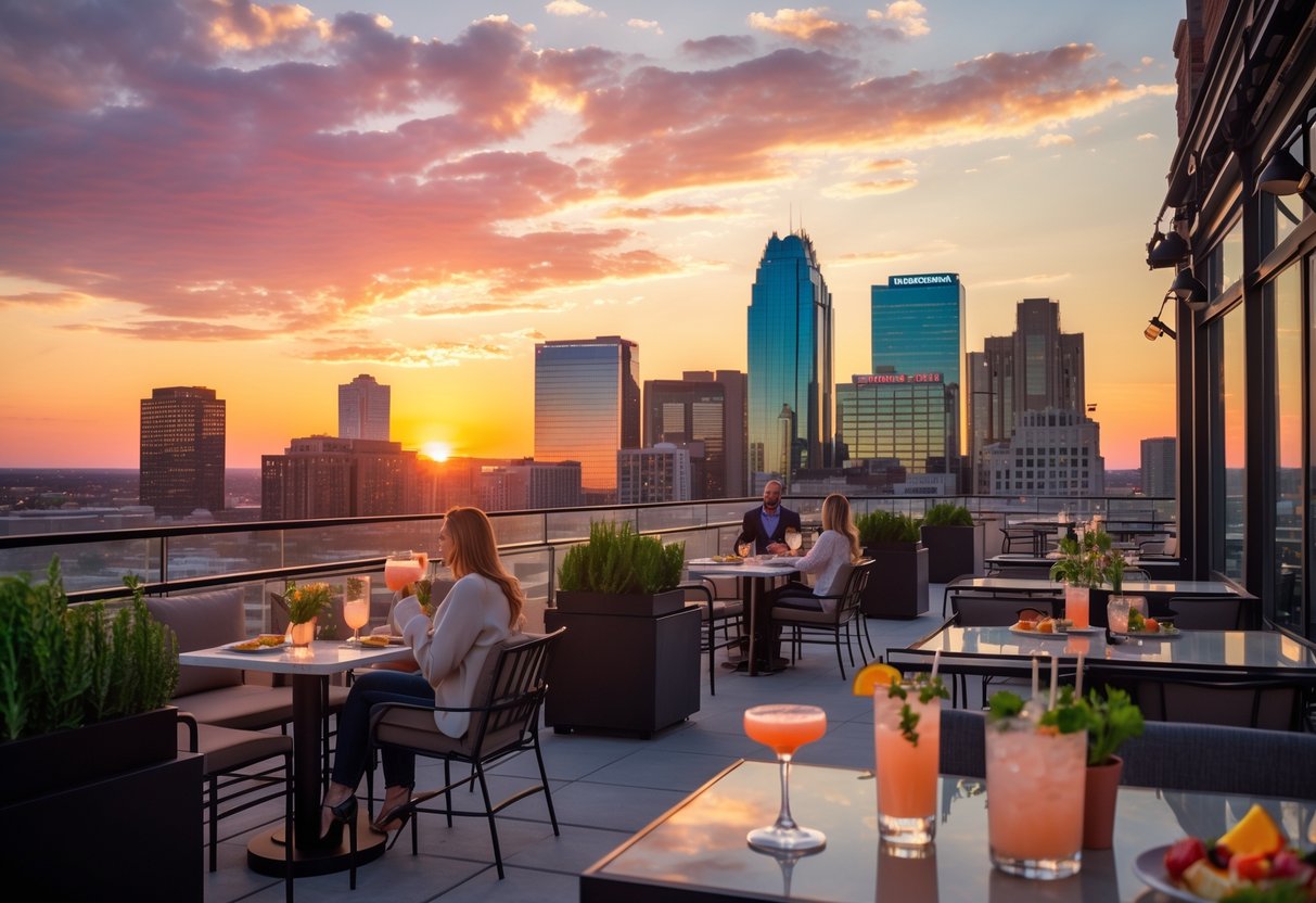 A couple enjoying drinks together on a rooftop with a city skyline at sunset in the background.