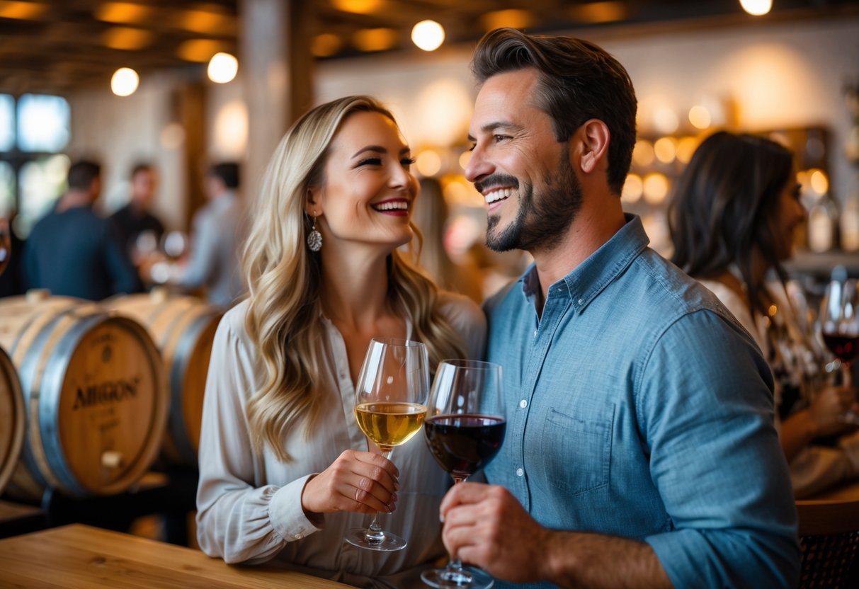 A couple smiling and tasting wine together inside an urban winery with wooden barrels in the background.