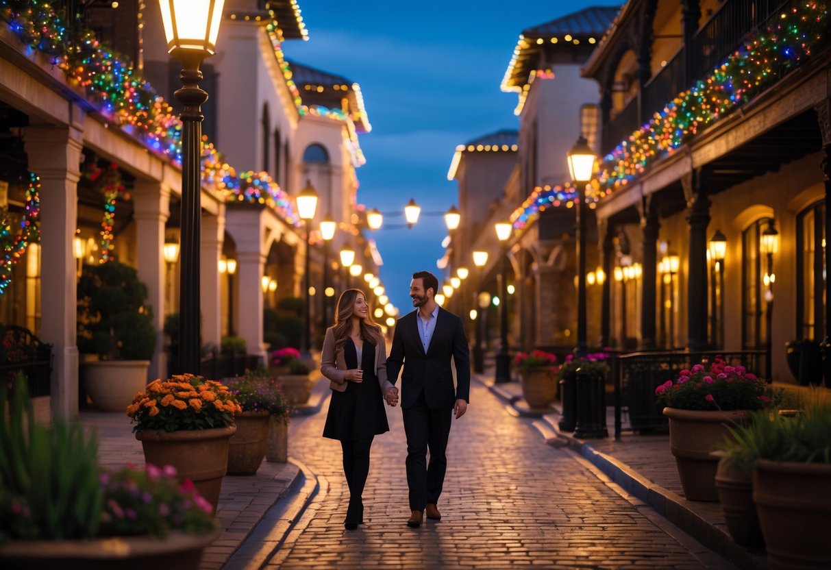A couple walking hand-in-hand along a lit cobblestone street at the Country Club Plaza in Kansas City during the evening.
