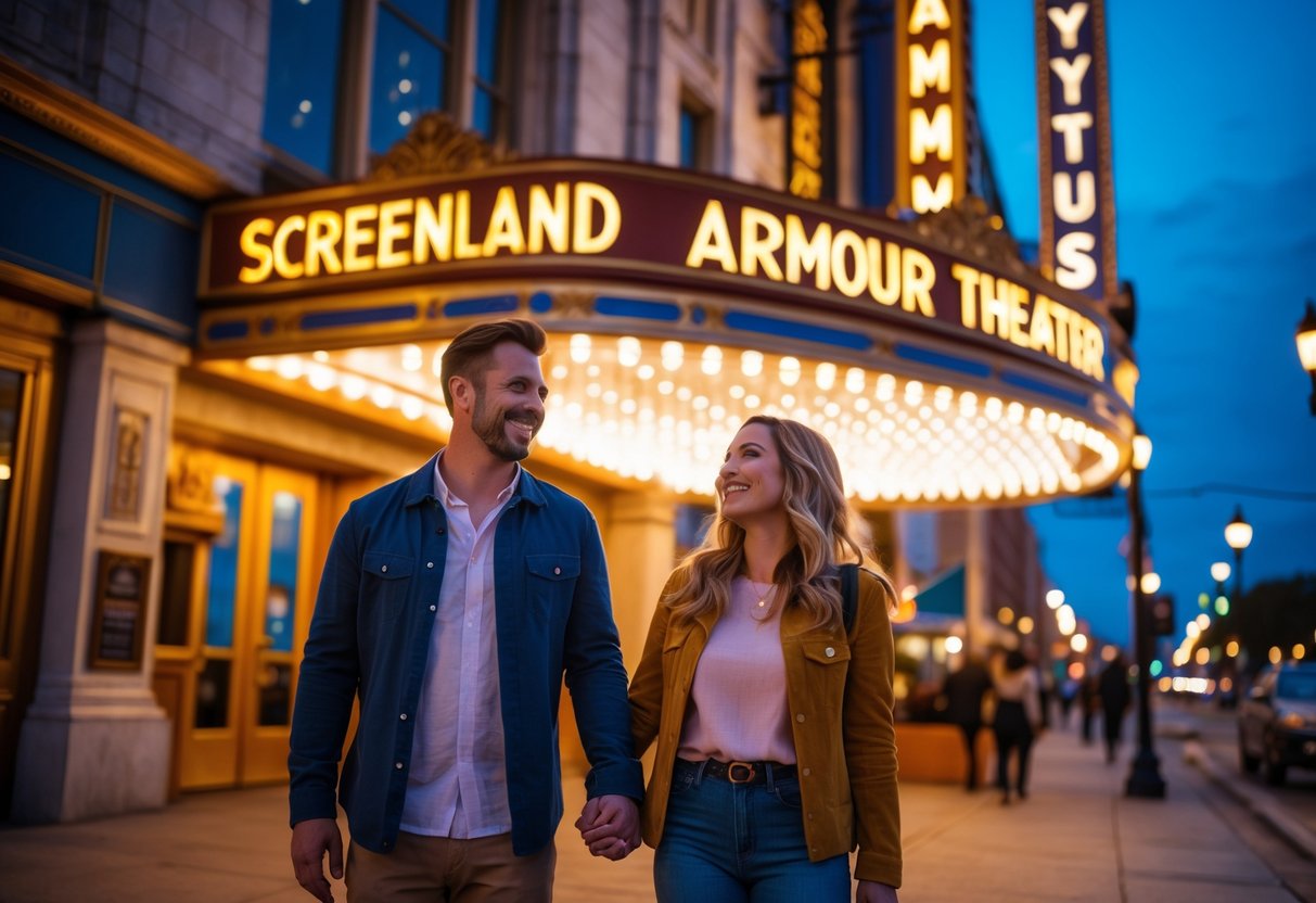 A couple holding hands and smiling outside the Screenland Armour Theater in Kansas City at night.