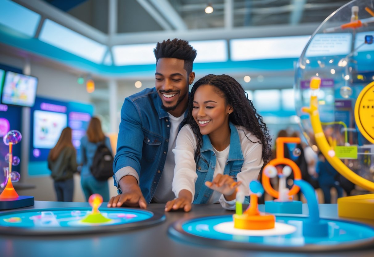 A young couple enjoying interactive science exhibits together inside a modern museum.