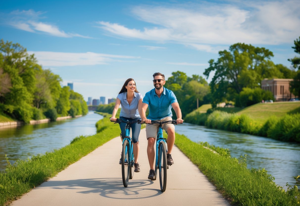 A couple riding bikes together on a trail beside a river with trees and clear sky.