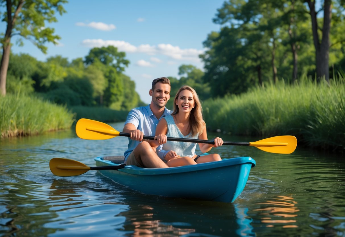 A couple paddle boating together on a calm creek surrounded by trees and greenery.