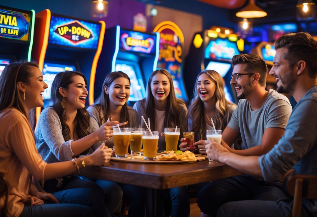A group of friends enjoying trivia night at an arcade bar, sitting around a table with drinks and snacks, smiling and talking.