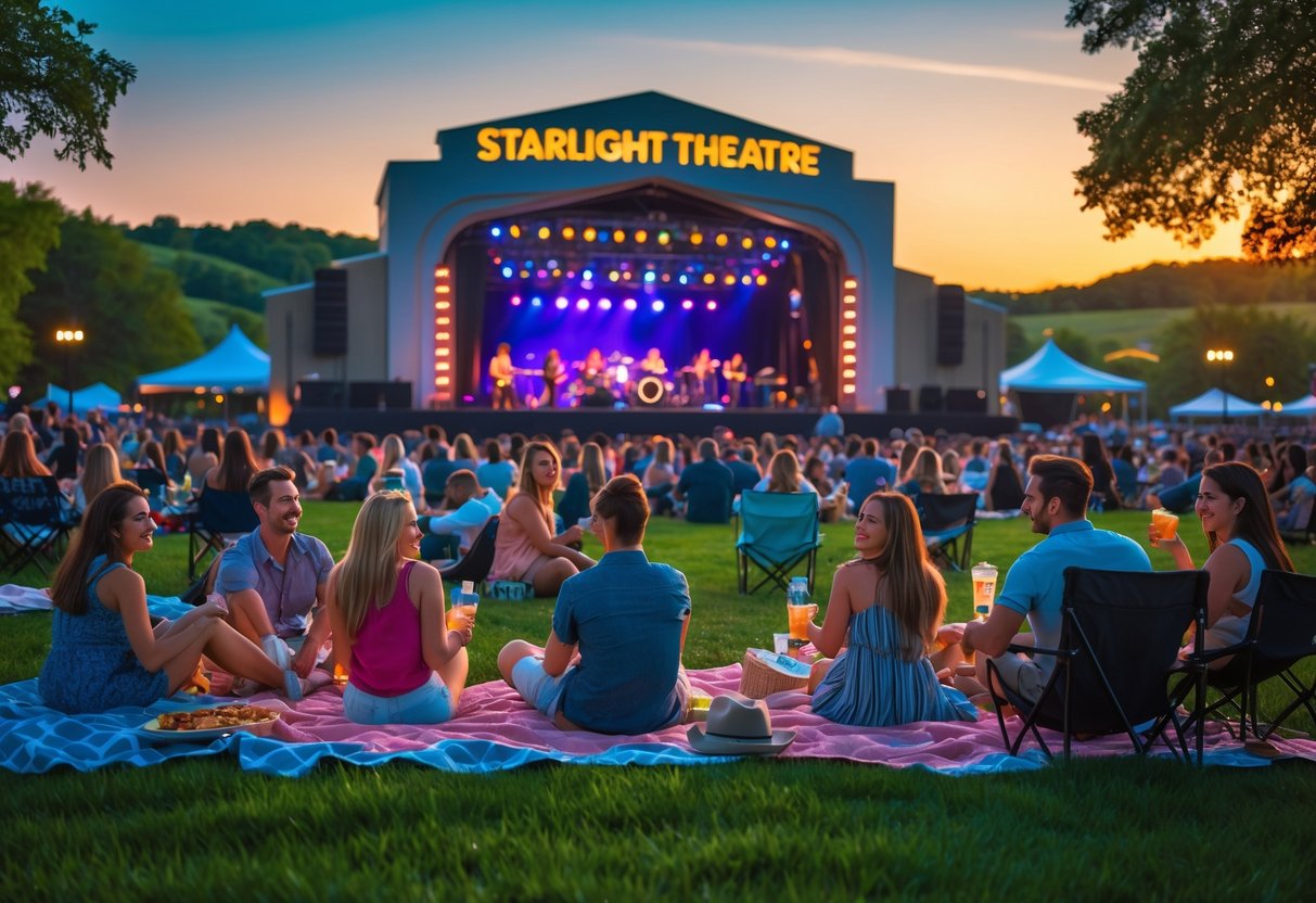 Couples and friends enjoying an outdoor concert at Starlight Theatre with musicians performing on stage and people sitting on grass during sunset.