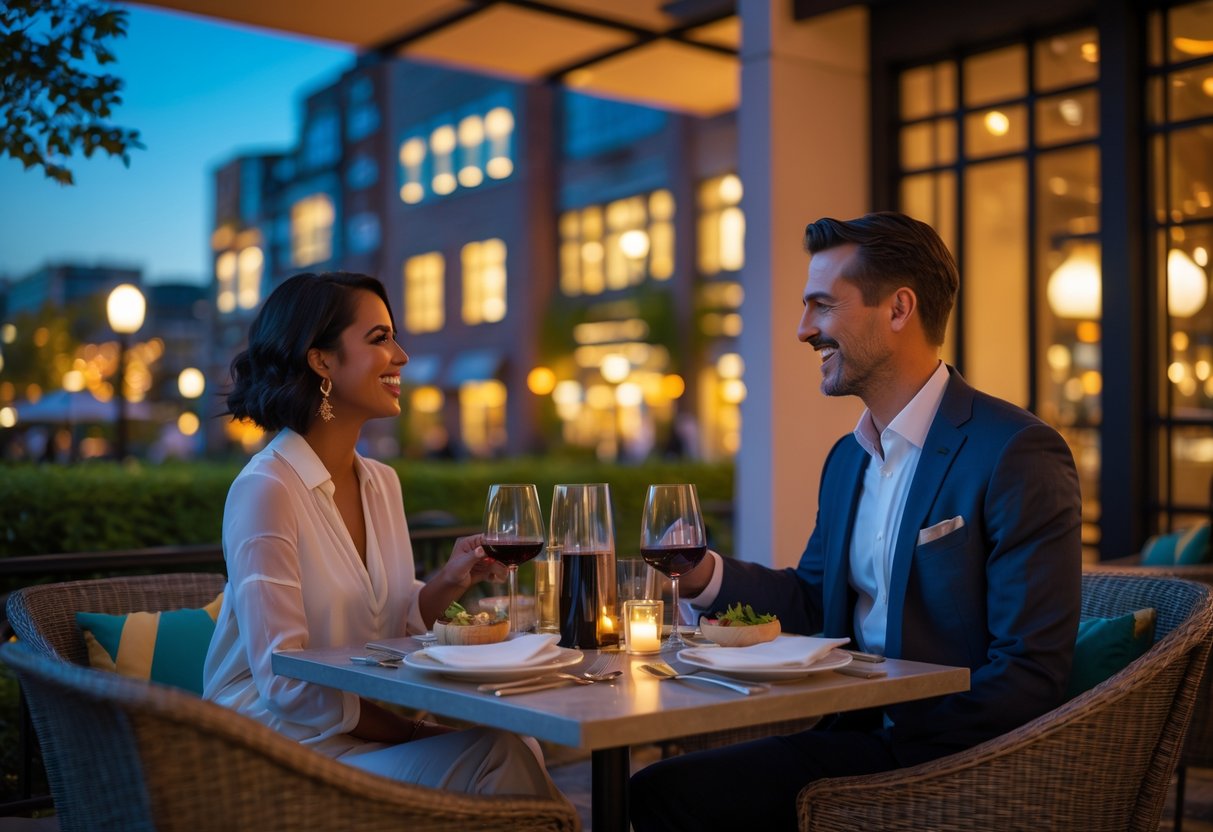 A couple enjoying a romantic dinner outdoors in King of Prussia during the evening.