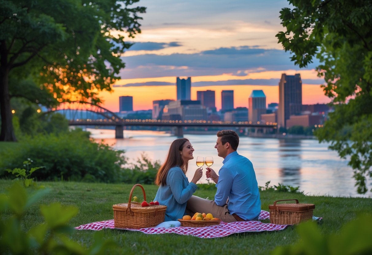 A couple enjoying a picnic at a park with Pittsburgh's city skyline and rivers in the background during sunset.