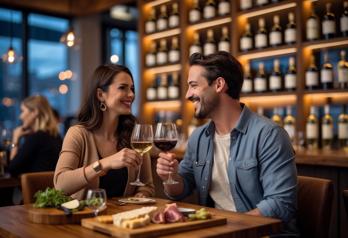 A couple sitting at a wine bar table tasting wine together with wine bottles on shelves behind them.