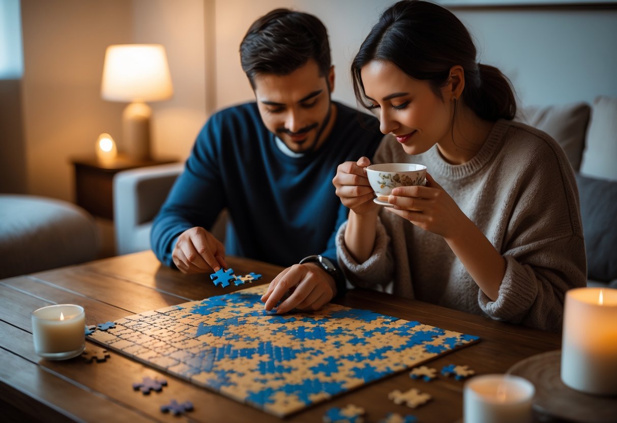 A couple sitting at a table doing a puzzle together while one person sips tea in a softly lit room.