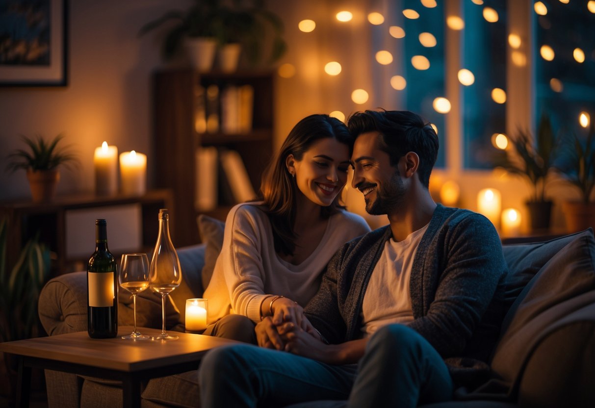 A couple sitting together on a sofa in a softly lit room, enjoying a quiet and cozy evening.